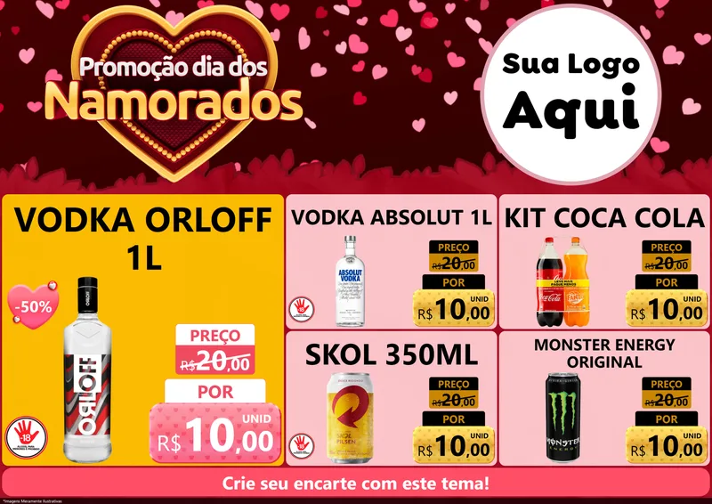 Modelo de Encarte para Encarte A4 Horizontal com o tema Promoção Dia Dos Namorados para Distribuidora de bebidas