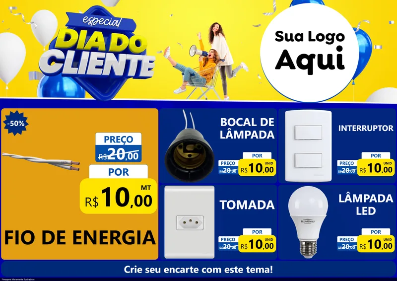 Modelo de Encarte para Encarte A4 Horizontal com o tema Especial Dia do Cliente para Materiais Elétricos