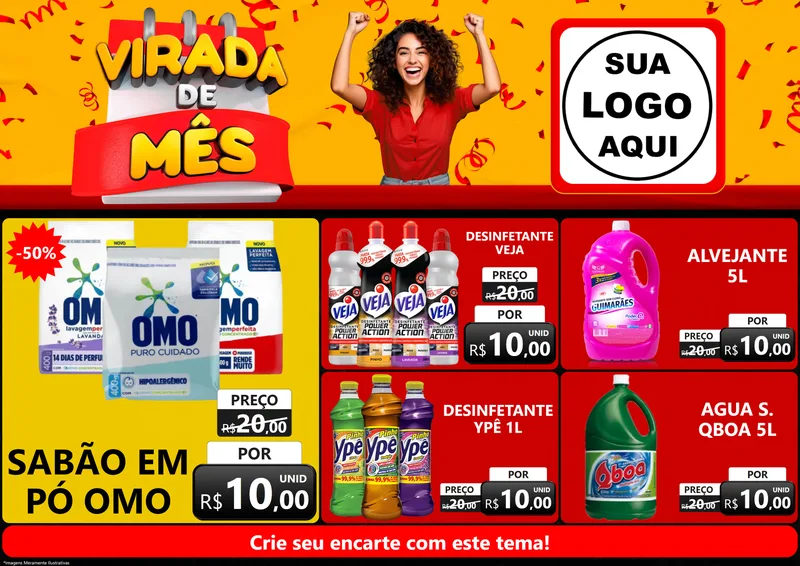 Modelo de Encarte para Encarte A4 Horizontal com o tema Virada de Mês para Produtos de Limpeza
