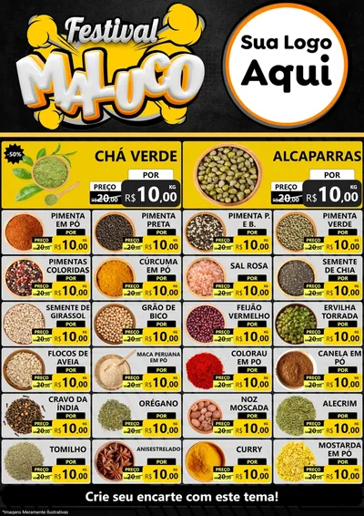 Modelo de Encarte para Encarte A4 Vertical com o tema Festival Maluco para Produtos Naturais