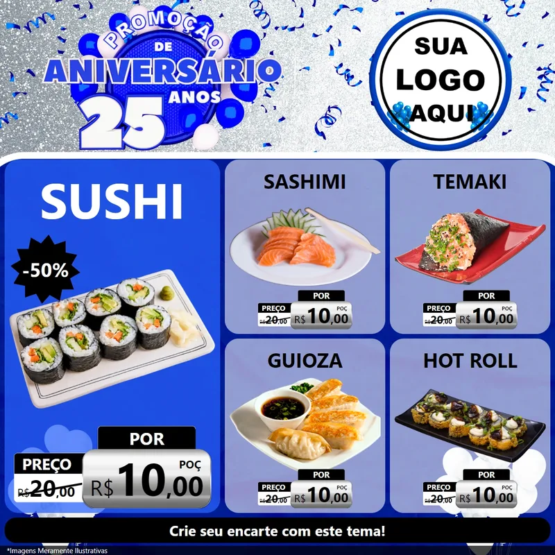 Modelo de Rede Social para Feed Facebook com o tema Promoção de Aniversário - 25 Anos para Comida japonesa