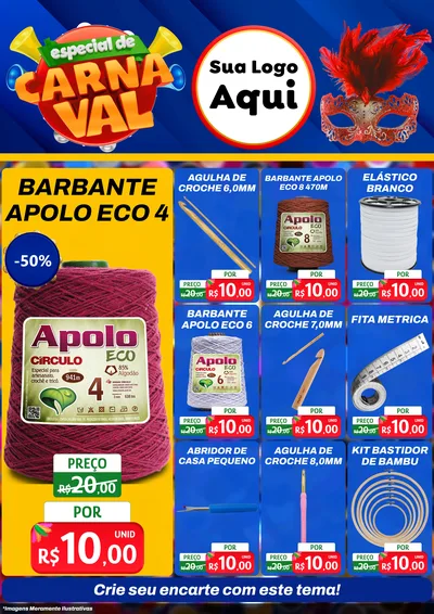Modelo de Encarte para Encarte A4 Vertical com o tema Especial de Carnaval para Armarinho e Aviamentos