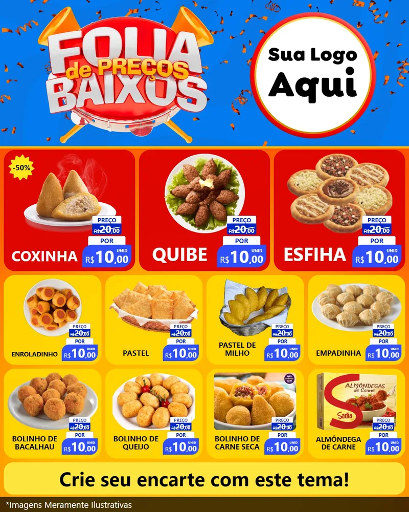 Modelo de Rede Social para Feed Instagram com o tema Folia de Preços Baixos para Salgadaria
