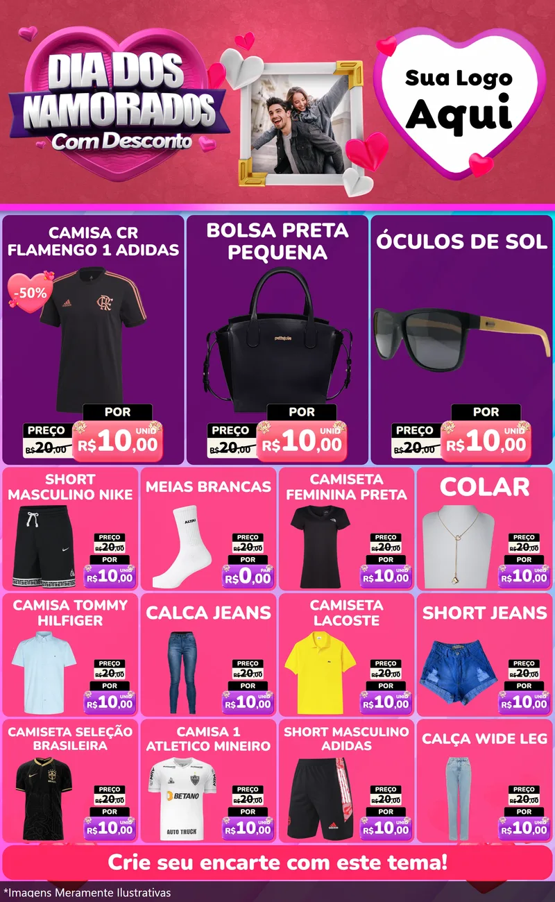 Modelo de Encarte para Encarte Grande com o tema Dia Dos Namorados Com Desconto para Roupas e acessórios
