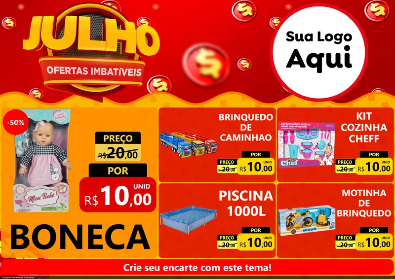Modelo de Encarte para Encarte A4 Horizontal com o tema Julho Ofertas Imbatíveis para Brinquedos