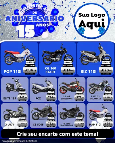 Modelo de Rede Social para Feed Instagram com o tema Promoção de Aniversário - 15 Anos para Concessionaria de Motos