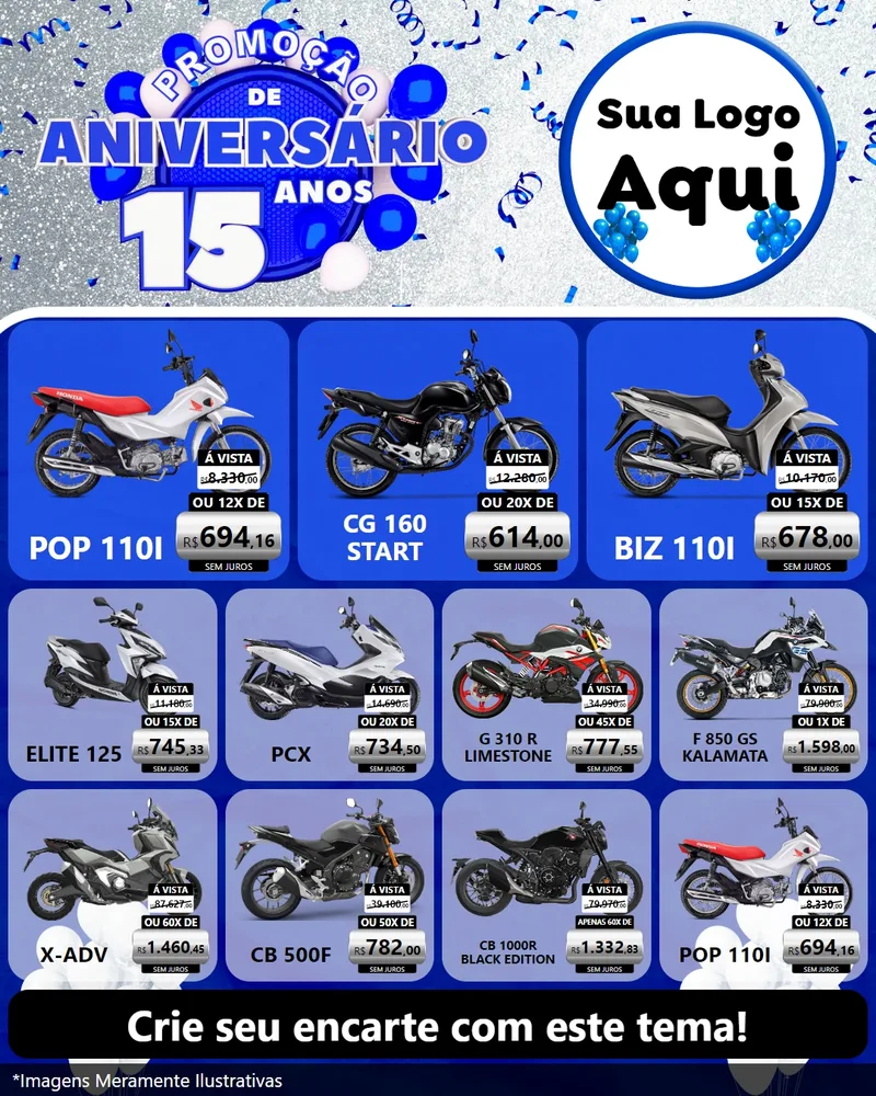 Modelo de Rede Social para Feed Instagram com o tema Promoção de Aniversário - 15 Anos para Concessionaria de Motos