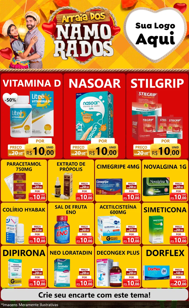 Modelo de Encarte para Encarte Grande com o tema Arraiá dos Namorados para Farmácia