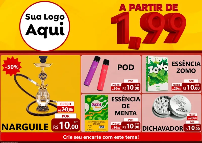 Modelo de Encarte para Encarte A4 Horizontal com o tema A Partir de Um e Noventa e Nove - 1,99 para Tabacaria