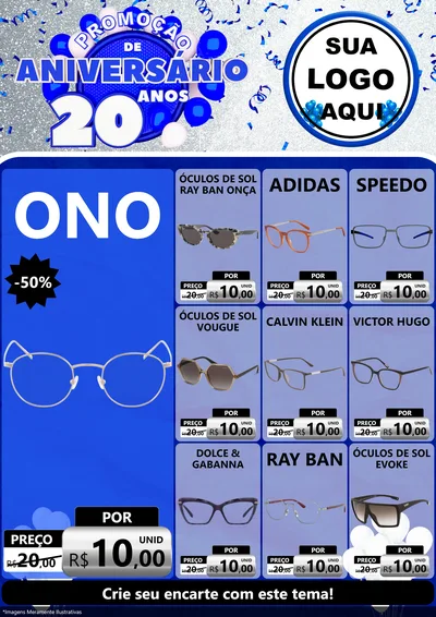Modelo de Encarte para Encarte A4 Vertical com o tema Promoção de Aniversário - 20 Anos para Óticas