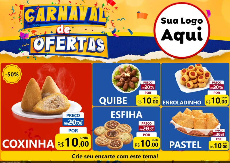 Modelo de Encarte para Encarte A4 Horizontal com o tema Carnaval de Ofertas para Salgadaria