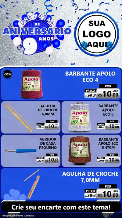 Modelo de TV para TV Vertical com o tema Promoção de Aniversário - 9 Anos para Armarinho e Aviamentos