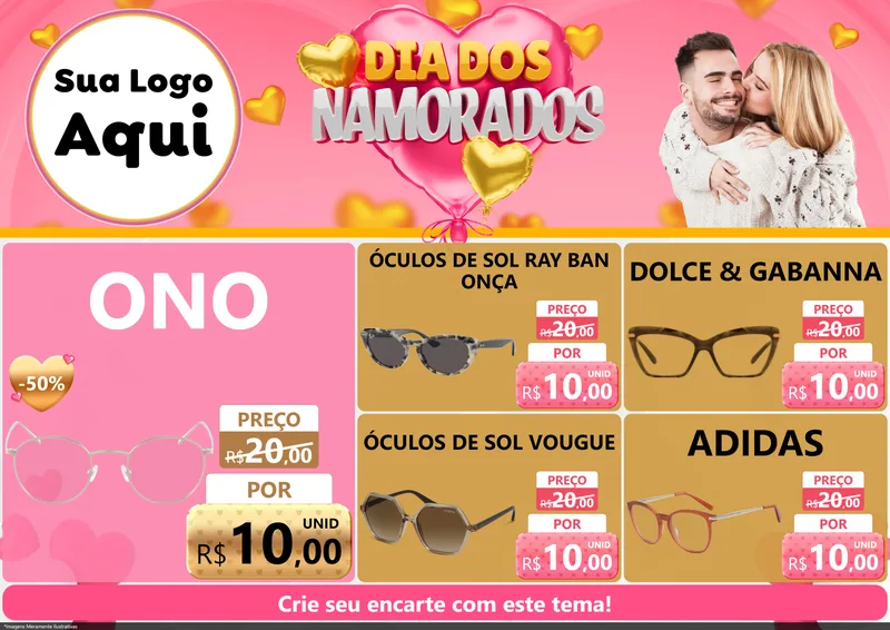 Modelo de Encarte para Encarte A4 Horizontal com o tema Dia dos Namorados para Óticas