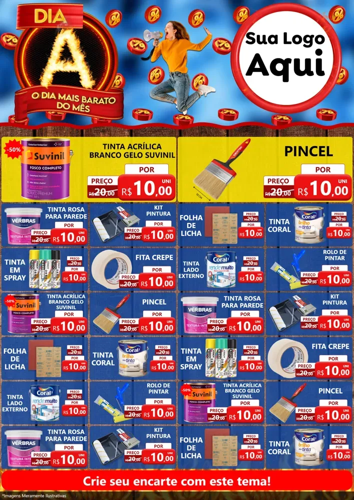 Modelo de Encarte para Encarte A4 Vertical com o tema Dia A - O Dia Mais Barato Do Mês para Tintas e Ferramentas