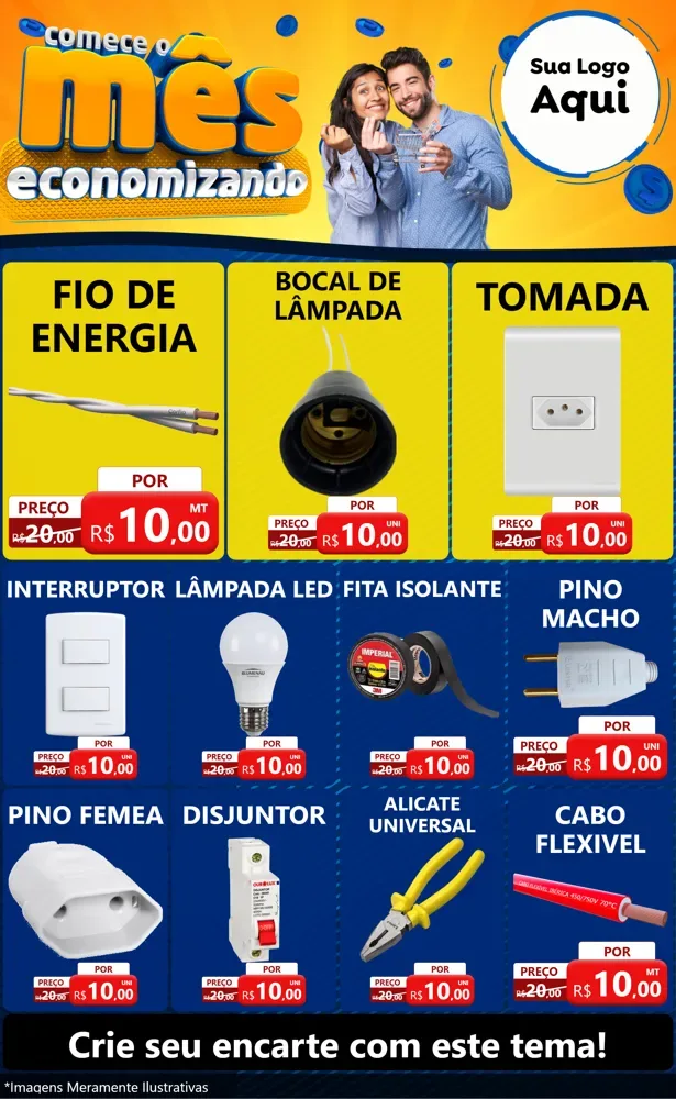Modelo de Encarte para Encarte Grande com o tema Comece O Mês Economizando para Materiais Elétricos