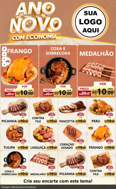 Modelo de Encarte para Encarte Grande com o tema Ano Novo Com Economia para Assados