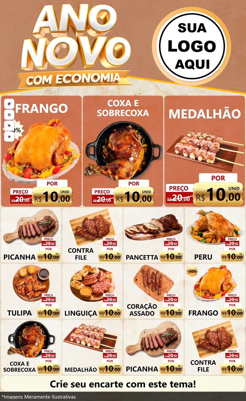Modelo de Encarte para Encarte Grande com o tema Ano Novo Com Economia para Assados