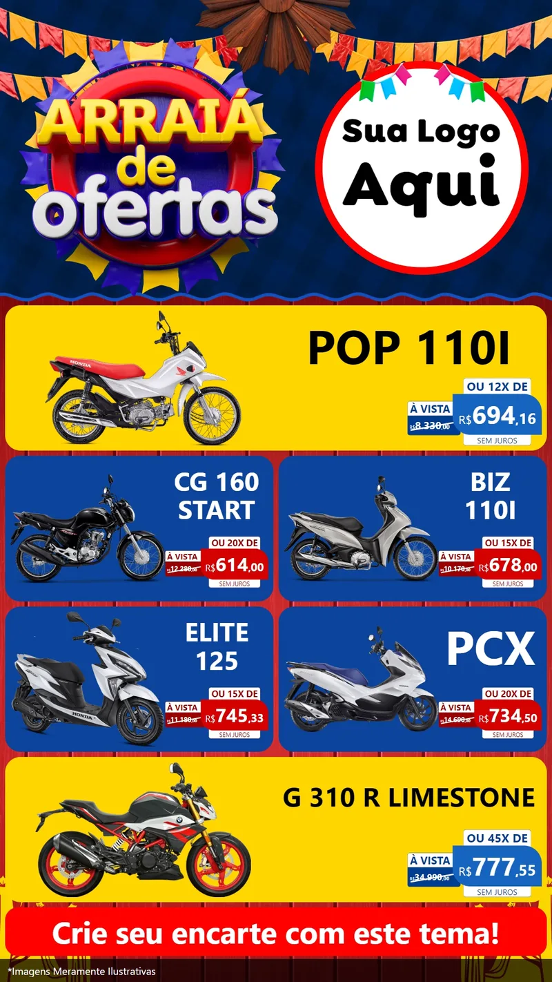 Modelo de TV para TV Vertical com o tema Arraiá de Ofertas para Concessionaria de Motos