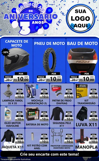 Modelo de Encarte para Encarte Grande com o tema Promoção de Aniversário - 3 Anos para Moto peças