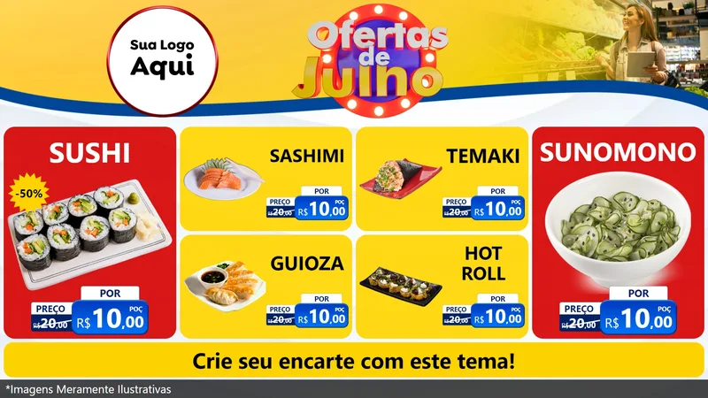 Modelo de TV para TV Horizontal com o tema Ofertas de Julho para Comida japonesa