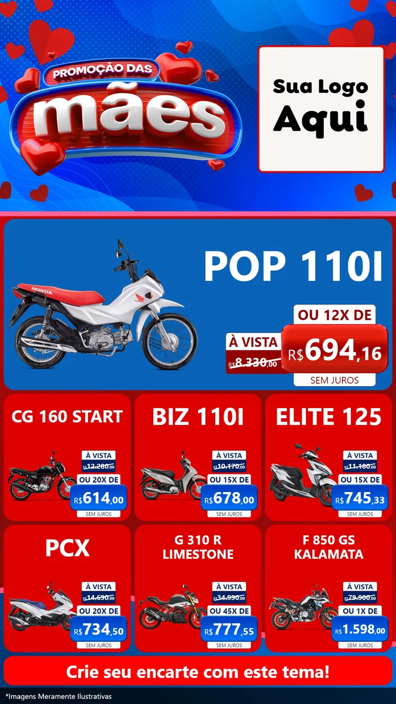 Modelo de Rede Social para Stories com o tema Promoção das Mães para Concessionaria de Motos