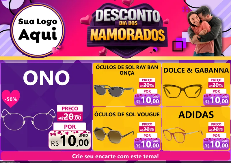 Modelo de Encarte para Encarte A4 Horizontal com o tema Desconto Dia dos Namorados para Óticas