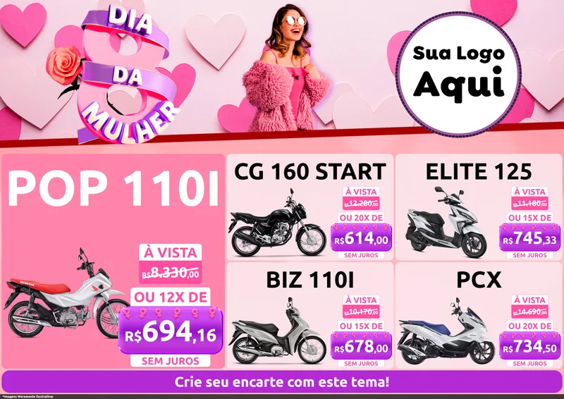 Modelo de Encarte para Encarte A4 Horizontal com o tema Dia da Mulher para Concessionaria de Motos