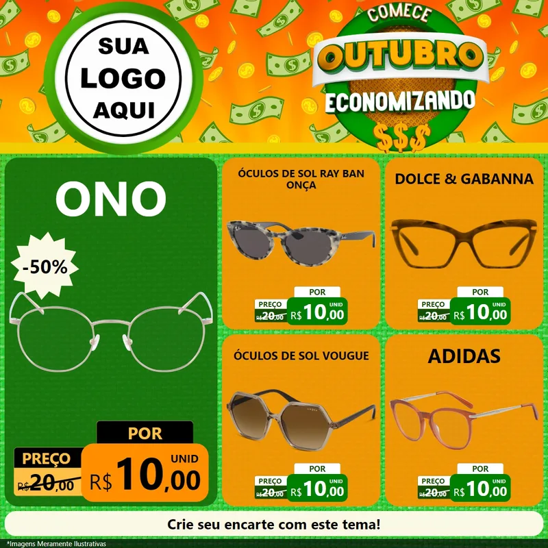 Modelo de Rede Social para Feed Facebook com o tema Comece Outubro Economizando para Óticas