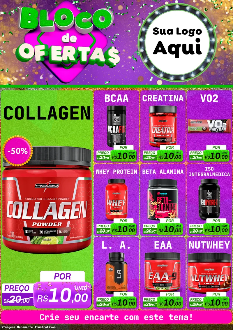 Modelo de Encarte para Encarte A4 Vertical com o tema Bloco de Ofertas para Suplementos alimentares