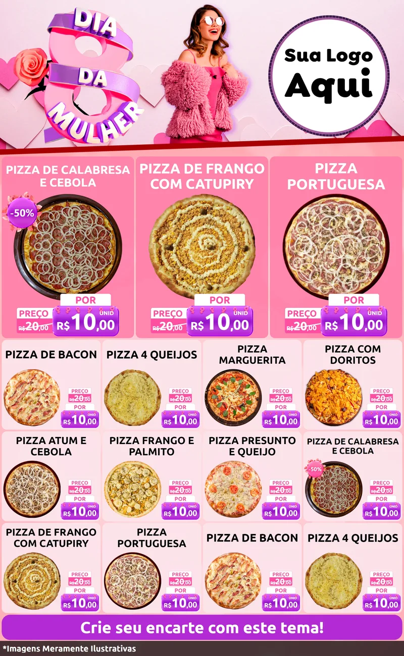Modelo de Encarte para Encarte Grande com o tema Dia da Mulher para Pizzaria