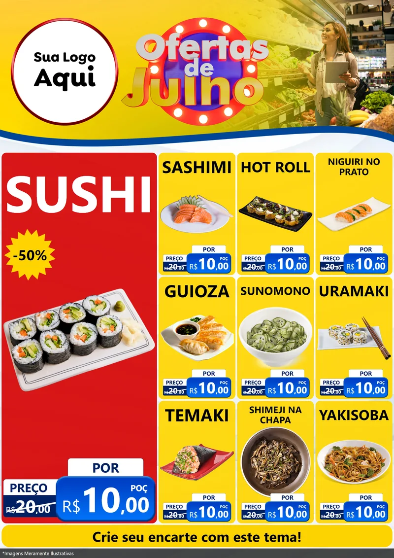 Modelo de Encarte para Encarte A4 Vertical com o tema Ofertas de Julho para Comida japonesa