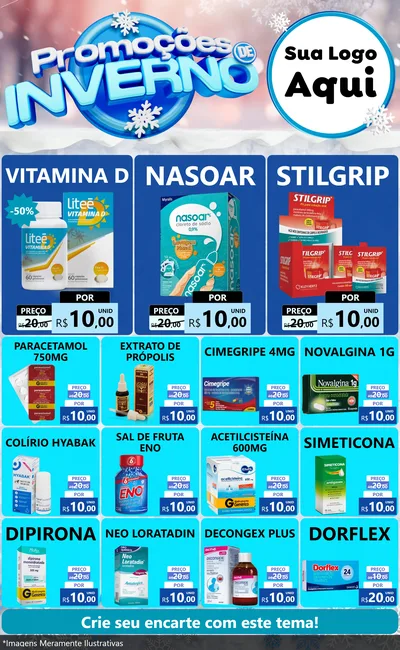 Modelo de Encarte para Encarte Grande com o tema Promoções de Inverno para Farmácia
