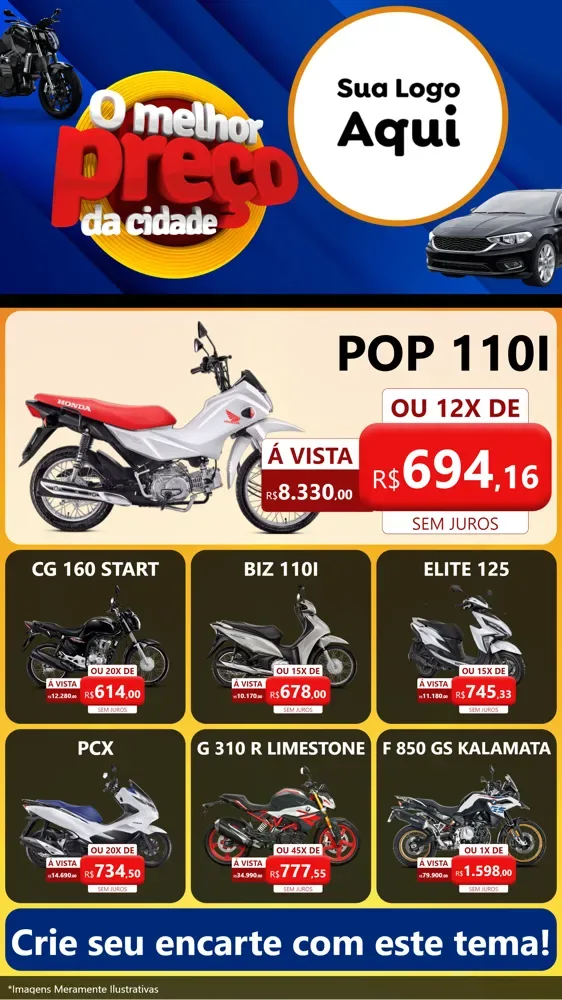 Modelo de Rede Social para Stories com o tema O Melhor Preço da Cidade - Auto e Motopeças para Concessionaria de Motos