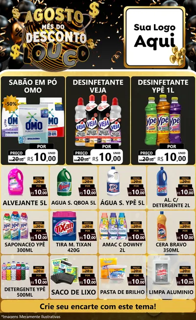 Modelo de Encarte para Encarte Grande com o tema Agosto Mês do Desconto Louco para Produtos de Limpeza
