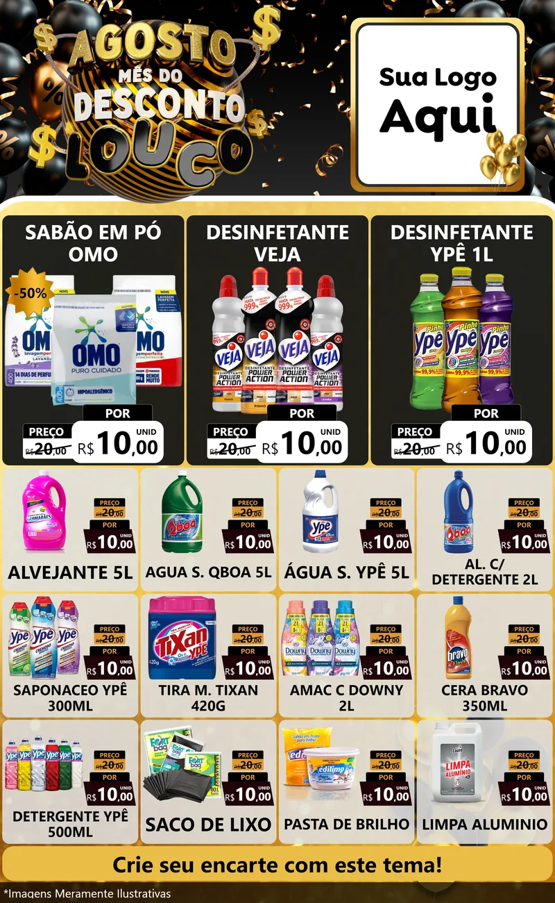 Modelo de Encarte para Encarte Grande com o tema Agosto Mês do Desconto Louco para Produtos de Limpeza