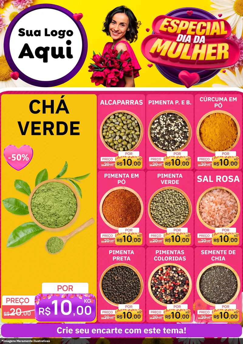Modelo de Encarte para Encarte A4 Vertical com o tema Especial Dia da Mulher para Produtos Naturais