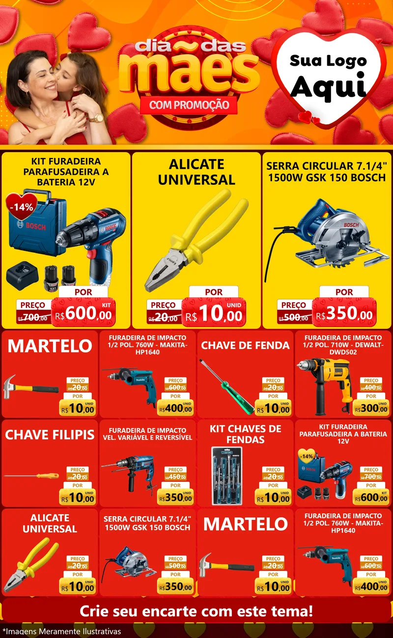 Modelo de Encarte para Encarte Grande com o tema Dia das Mães com Promoção para Maquinas e Ferramentas