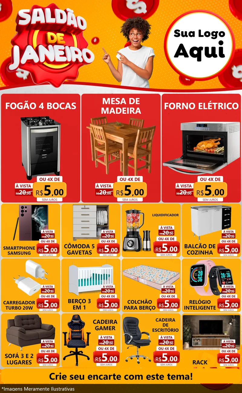 Modelo de Encarte para Encarte Grande com o tema Saldão de Janeiro para Móveis e Eletro
