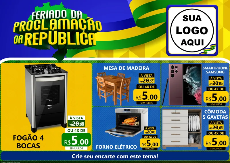 Modelo de Encarte para Encarte A4 Horizontal com o tema Feriado da Proclamação da República para Móveis e Eletro