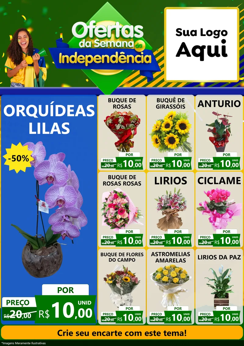 Modelo de Encarte para Encarte A4 Vertical com o tema Ofertas da Semana da Independência para Floricultura e jardim