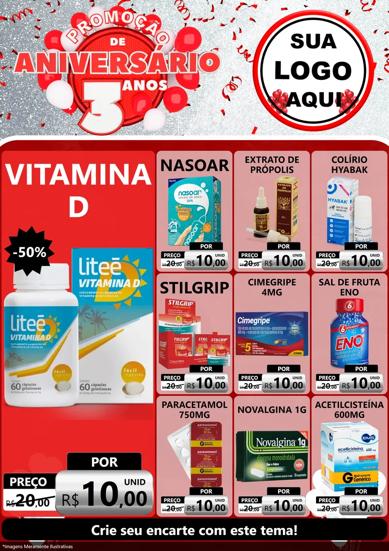 Modelo de Encarte para Encarte A4 Vertical com o tema Promoção de Aniversário - 3 Anos para Farmácia