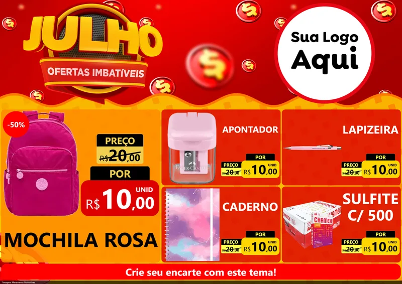 Modelo de Encarte para Encarte A4 Horizontal com o tema Julho Ofertas Imbatíveis para Papelaria