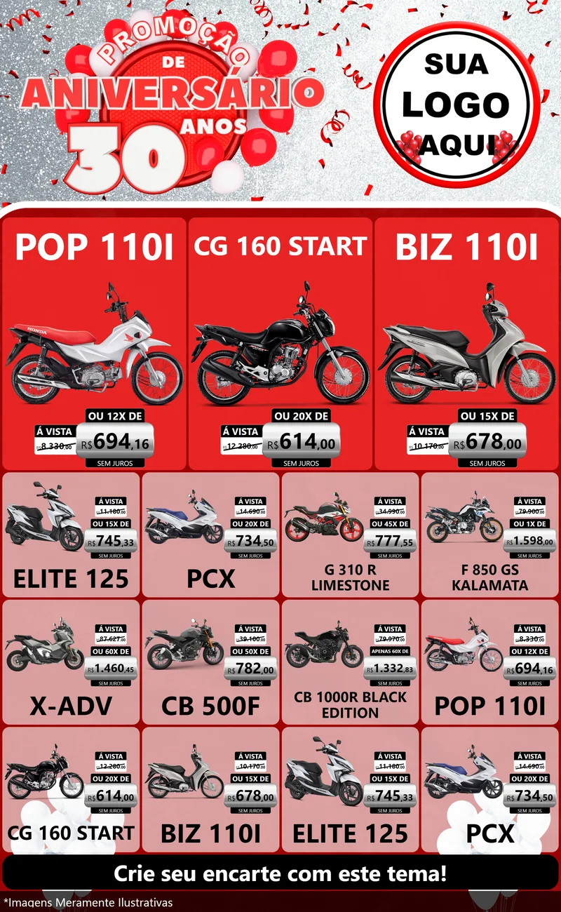 Modelo de Encarte para Encarte Grande com o tema Promoção de Aniversário - 30 Anos para Concessionaria de Motos