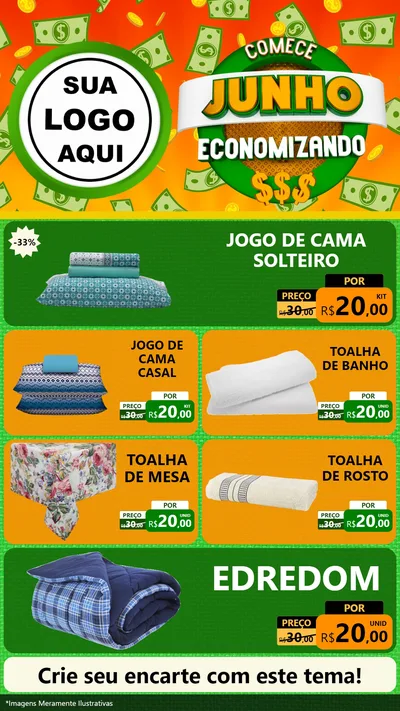Modelo de TV para TV Vertical com o tema Comece Junho Economizando para Cama, Mesa e Banho