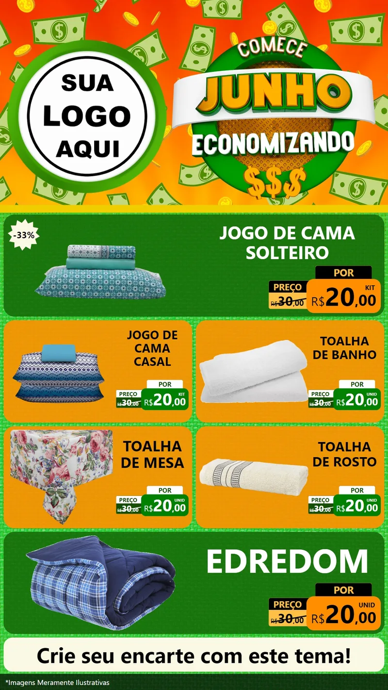 Modelo de TV para TV Vertical com o tema Comece Junho Economizando para Cama, Mesa e Banho