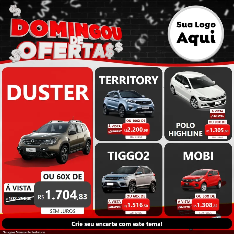 Modelo de Rede Social para Feed Facebook com o tema Domingou de Ofertas para Concessionaria de Carros