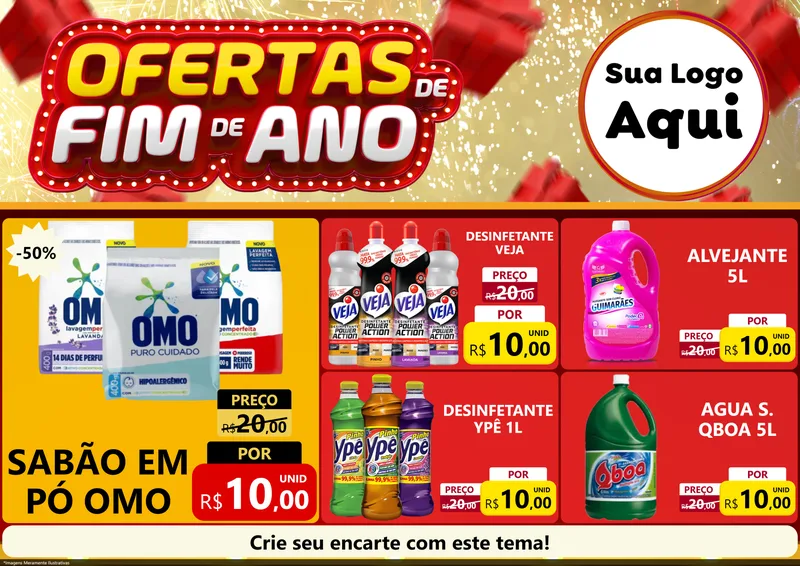 Modelo de Encarte para Encarte A4 Horizontal com o tema Ofertas de Fim de Ano para Produtos de Limpeza