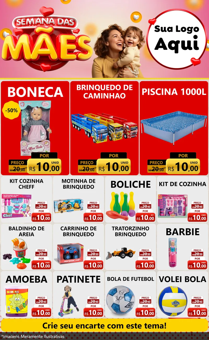 Modelo de Encarte para Encarte Grande com o tema Semana das Mães para Brinquedos