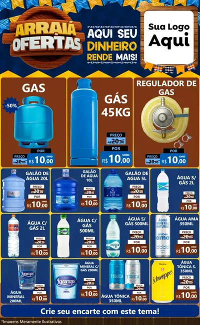 Modelo de Encarte para Encarte Grande com o tema Arraiá de Ofertas - Junina para Água e gás