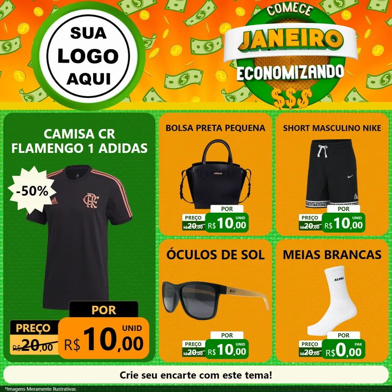 Modelo de Rede Social para Feed Facebook com o tema Comece Janeiro Economizando para Roupas e acessórios